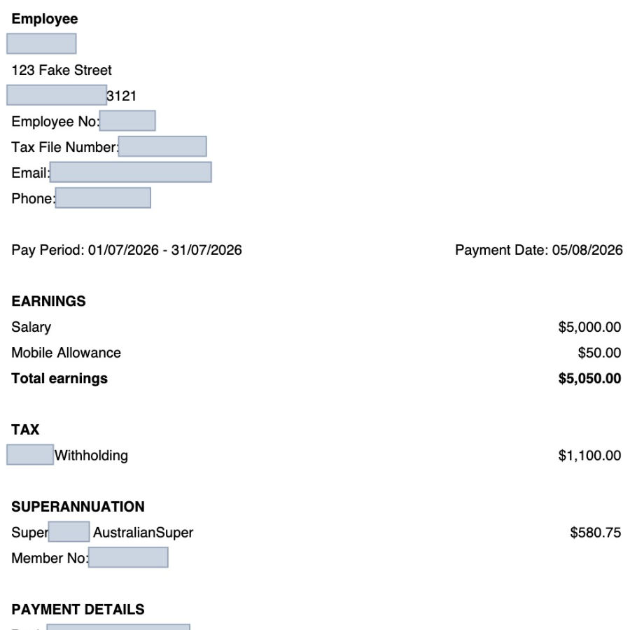 The same payslip with the personal details covered by redaction boxes