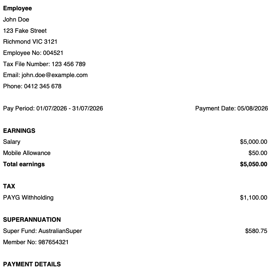 A sample payslip showing the employee's name, address, tax file number, email and phone number